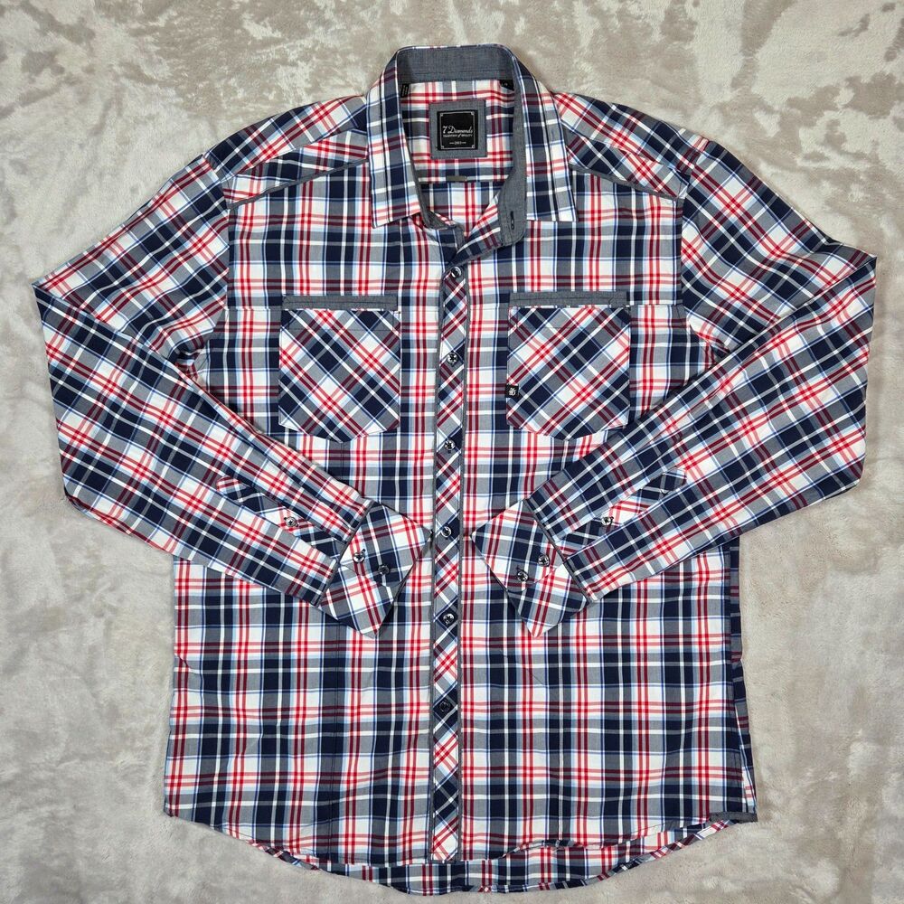 7 Diamonds Mens XL Plaid Button Down Shirt Red White Blue Cotton Casual